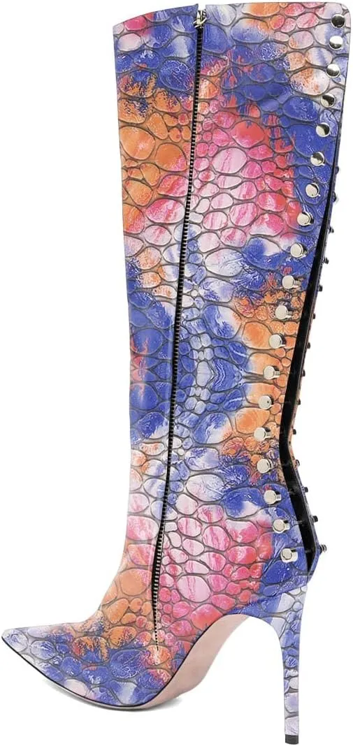 XYD Women Sexy Rivets Closed Pointed Toe Stiletto High Heel Knee High Boots Side Zipper Party Event Nightclub Shoes