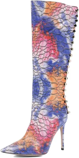 XYD Women Sexy Rivets Closed Pointed Toe Stiletto High Heel Knee High Boots Side Zipper Party Event Nightclub Shoes