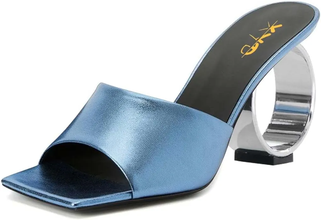 XYD Women Summer Chic Open Square Toe Slide Sandals Round Circle High Heels Slip On Mules Shoes for Event Party Beach Wedding