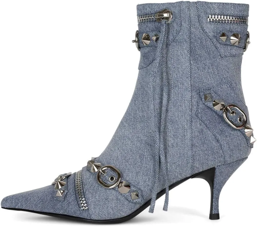 XYD Women's Ankle Boots Ultra Fashion Pointed Toe Kitten Low Heels Zipped Rivets Studded Short Booties Event Club Shoes