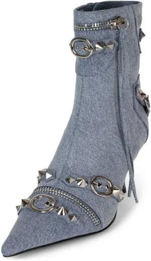XYD Women's Ankle Boots Ultra Fashion Pointed Toe Kitten Low Heels Zipped Rivets Studded Short Booties Event Club Shoes