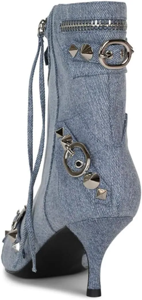 XYD Women's Ankle Boots Ultra Fashion Pointed Toe Kitten Low Heels Zipped Rivets Studded Short Booties Event Club Shoes