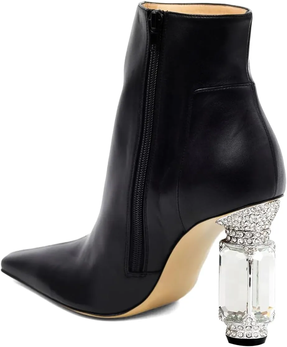 XYD Women's Closed Square Toe Booties Rhinestone Crystal Gems Block Heels Side Zip Ankle Boots Ladies Chic Event Formal Party Shoes