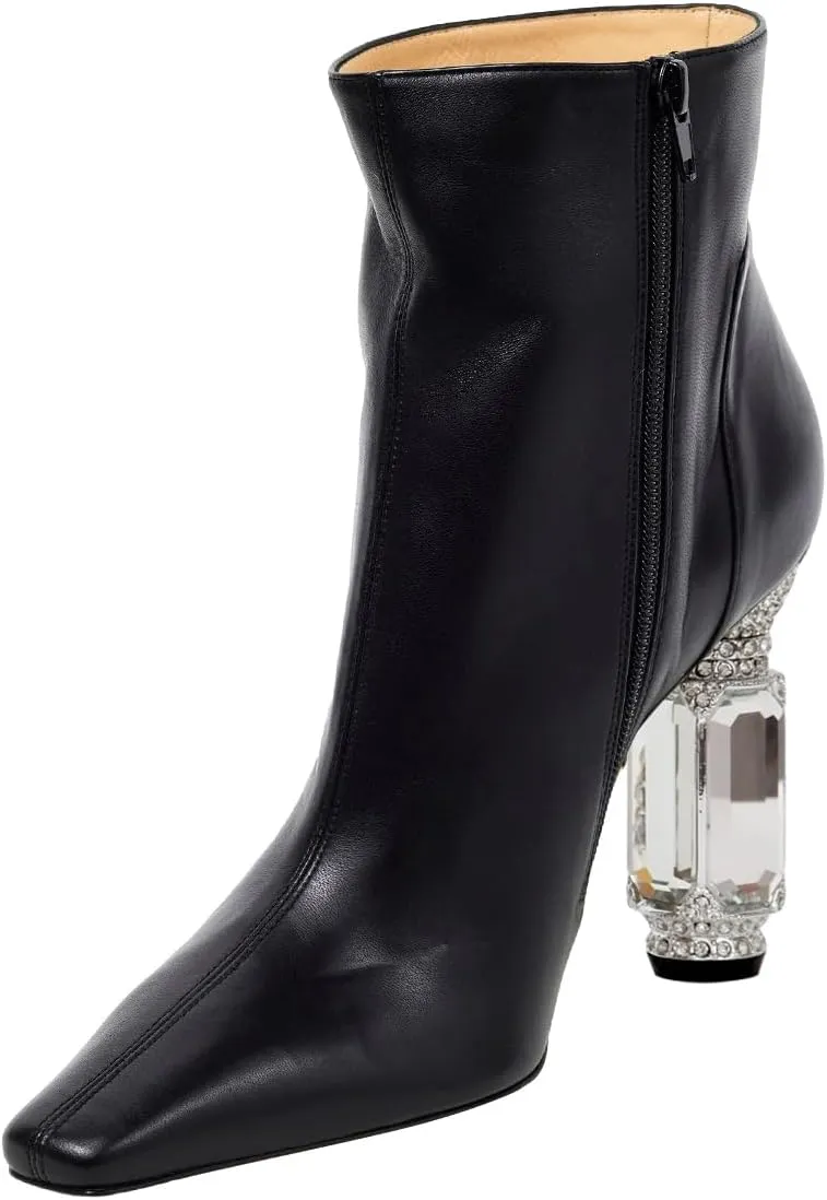 XYD Women's Closed Square Toe Booties Rhinestone Crystal Gems Block Heels Side Zip Ankle Boots Ladies Chic Event Formal Party Shoes