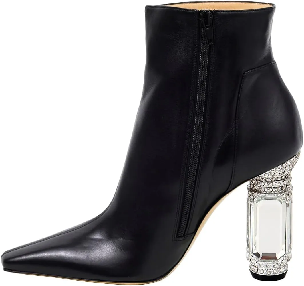 XYD Women's Closed Square Toe Booties Rhinestone Crystal Gems Block Heels Side Zip Ankle Boots Ladies Chic Event Formal Party Shoes
