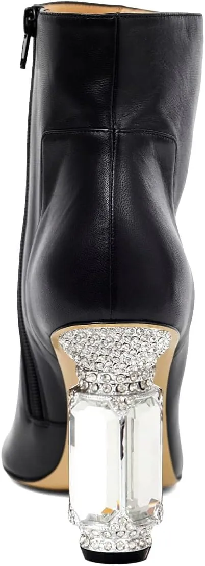 XYD Women's Closed Square Toe Booties Rhinestone Crystal Gems Block Heels Side Zip Ankle Boots Ladies Chic Event Formal Party Shoes