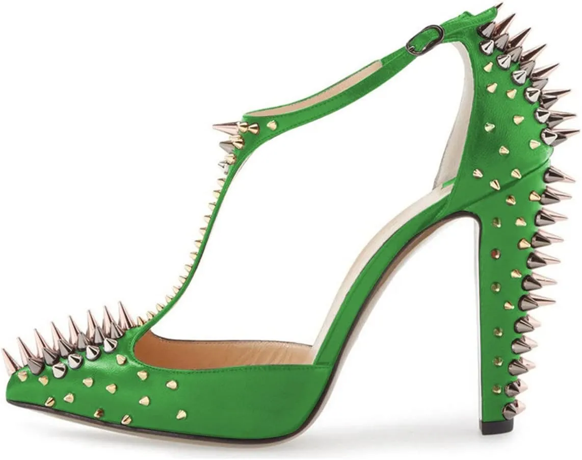 XYD Women's Fashion Rivets T-Strap Chunky Heel Pumps Pointed Toe Spikes Studded Nightclub Party D'Orsay Shoes