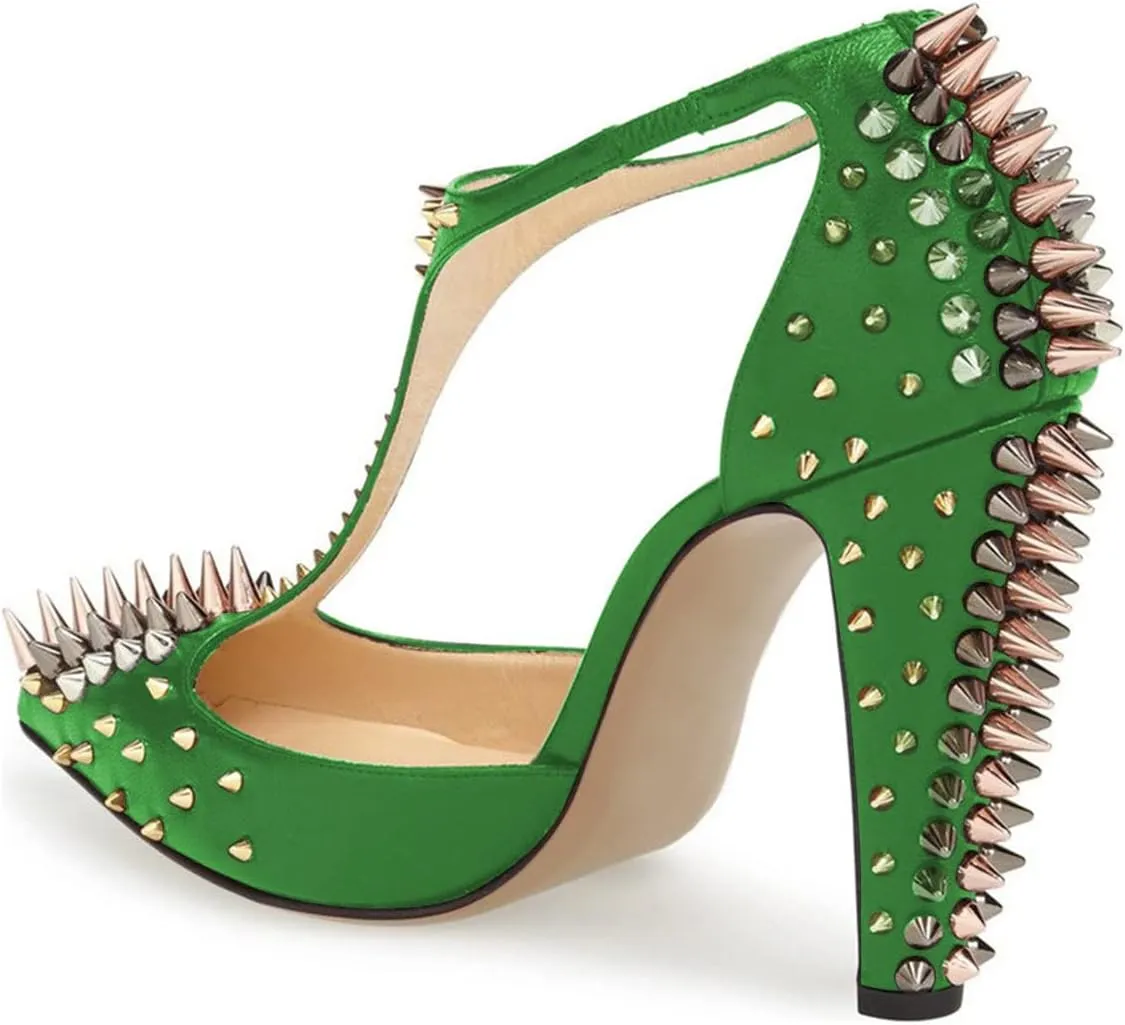 XYD Women's Fashion Rivets T-Strap Chunky Heel Pumps Pointed Toe Spikes Studded Nightclub Party D'Orsay Shoes