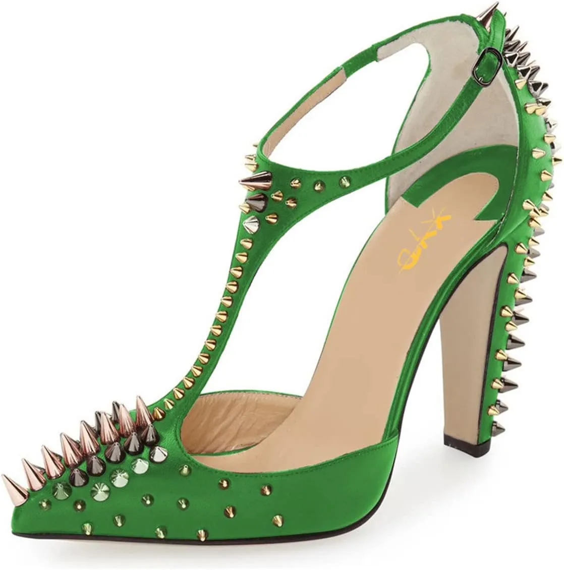 XYD Women's Fashion Rivets T-Strap Chunky Heel Pumps Pointed Toe Spikes Studded Nightclub Party D'Orsay Shoes