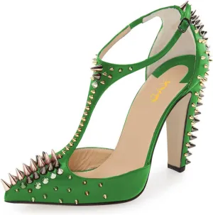 XYD Women's Fashion Rivets T-Strap Chunky Heel Pumps Pointed Toe Spikes Studded Nightclub Party D'Orsay Shoes