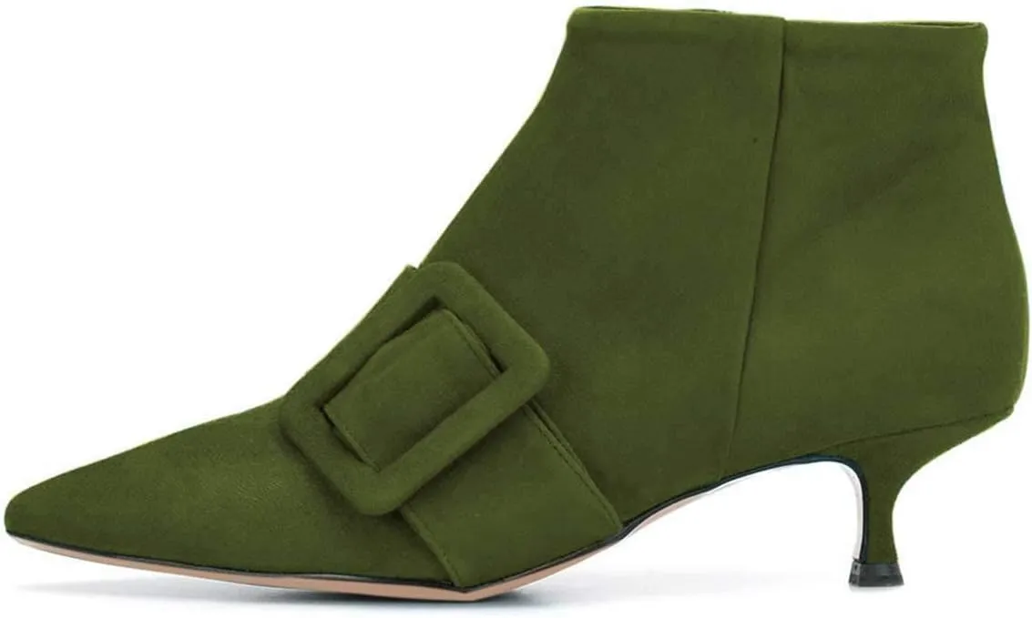 XYD Women's Kitten Low Heel Ankle Boots Pointed Toe Side Zip Short Bootie Buckle Strap Office Event Casual Fall Winter Shoes