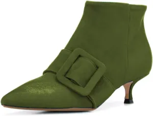 XYD Women's Kitten Low Heel Ankle Boots Pointed Toe Side Zip Short Bootie Buckle Strap Office Event Casual Fall Winter Shoes