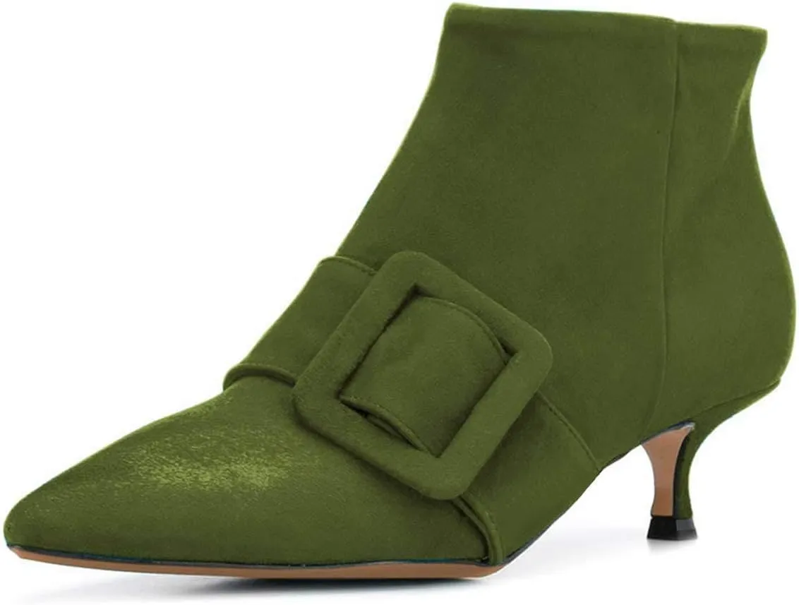 XYD Women's Kitten Low Heel Ankle Boots Pointed Toe Side Zip Short Bootie Buckle Strap Office Event Casual Fall Winter Shoes
