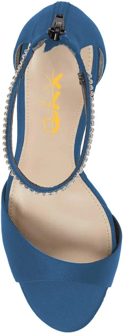XYD Women's Open Toe Rhinestones Ankle Strap Sandals Mid Heel Pumps Bridal Evening Prom Dress Shoes