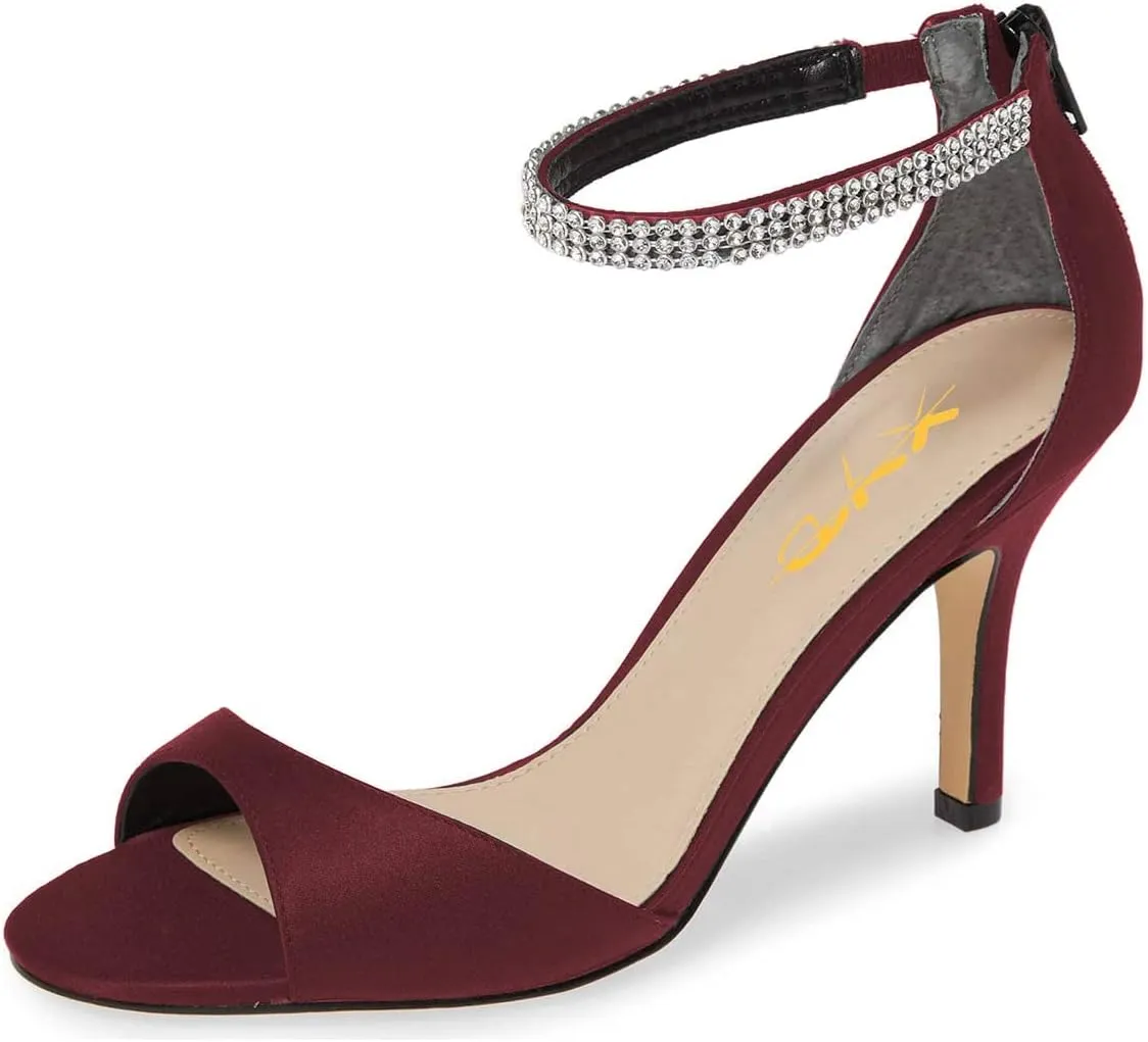 XYD Women's Open Toe Rhinestones Ankle Strap Sandals Mid Heel Pumps Bridal Evening Prom Dress Shoes