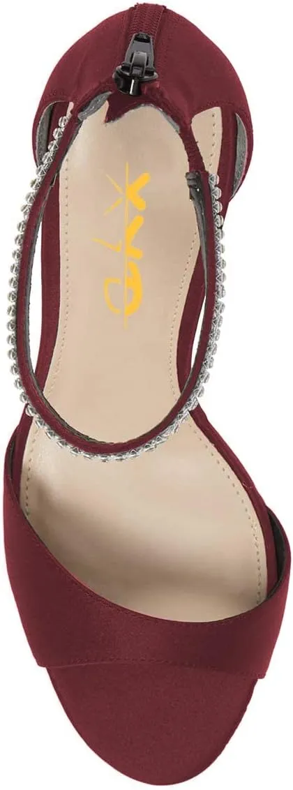 XYD Women's Open Toe Rhinestones Ankle Strap Sandals Mid Heel Pumps Bridal Evening Prom Dress Shoes