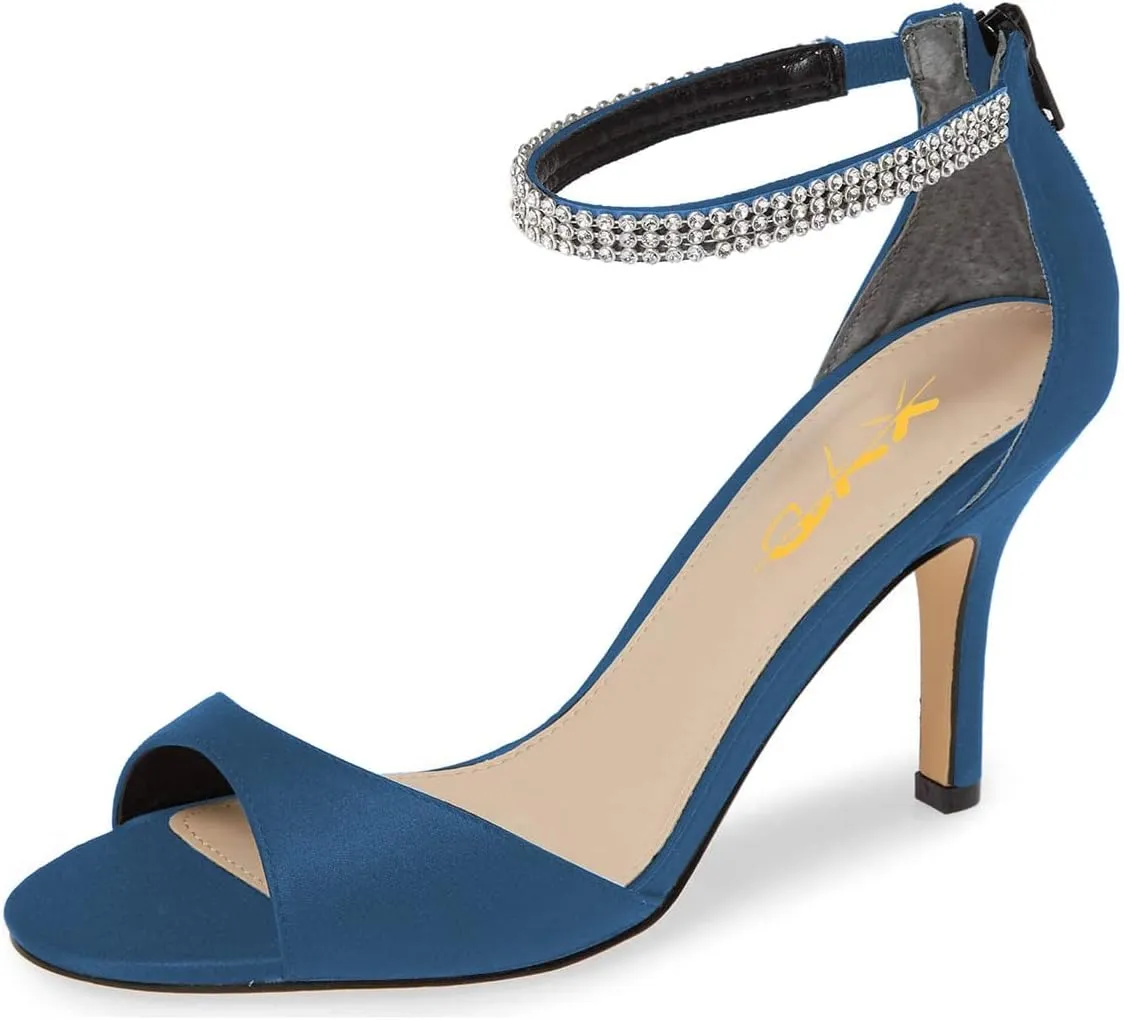 XYD Women's Open Toe Rhinestones Ankle Strap Sandals Mid Heel Pumps Bridal Evening Prom Dress Shoes