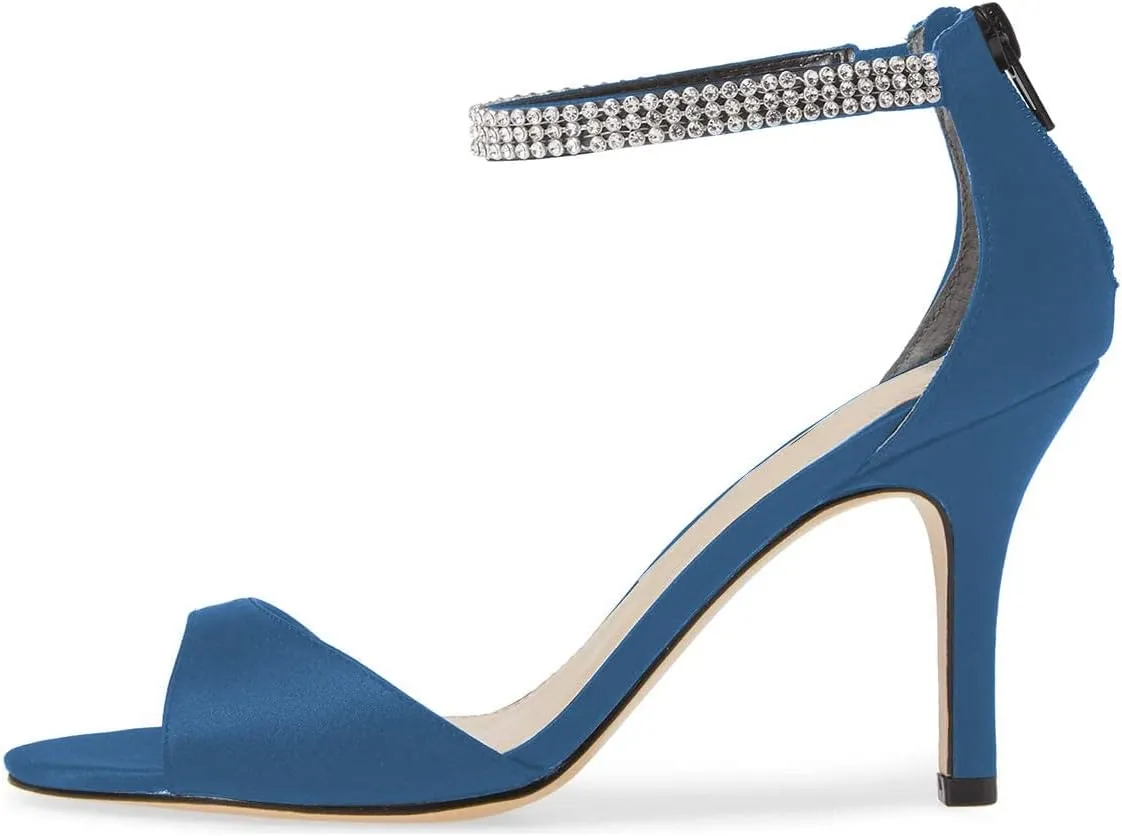 XYD Women's Open Toe Rhinestones Ankle Strap Sandals Mid Heel Pumps Bridal Evening Prom Dress Shoes