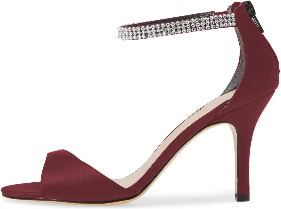 XYD Women's Open Toe Rhinestones Ankle Strap Sandals Mid Heel Pumps Bridal Evening Prom Dress Shoes