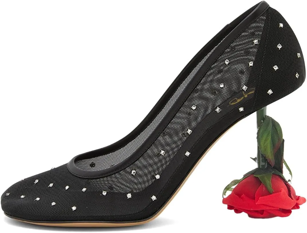 XYD Women's Romantic Rose Heel (100mm) Square Round Toe Slip On Pumps Bridal Formal Event Evening Dress Shoes