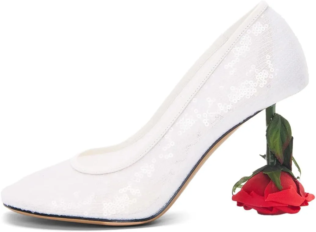 XYD Women's Romantic Rose Heel (100mm) Square Round Toe Slip On Pumps Bridal Formal Event Evening Dress Shoes
