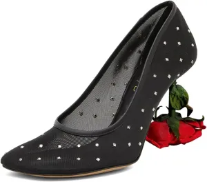 XYD Women's Romantic Rose Heel (100mm) Square Round Toe Slip On Pumps Bridal Formal Event Evening Dress Shoes