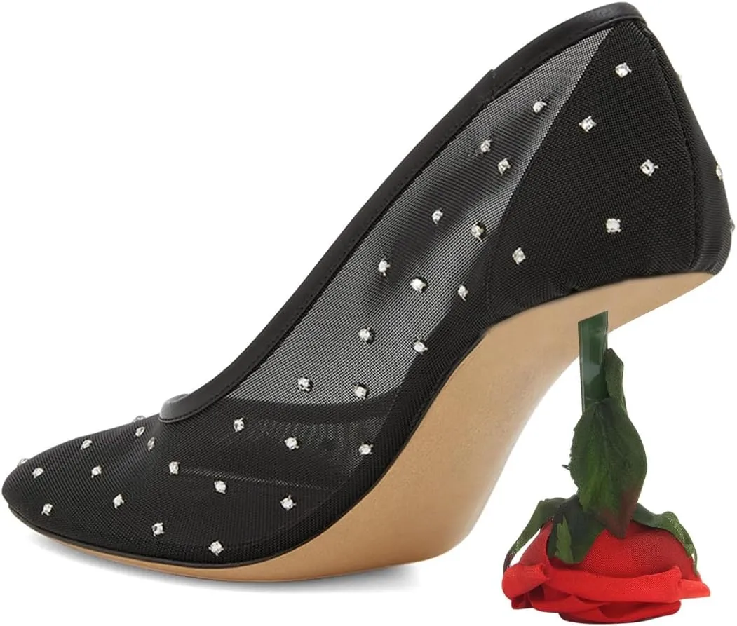 XYD Women's Romantic Rose Heel (100mm) Square Round Toe Slip On Pumps Bridal Formal Event Evening Dress Shoes