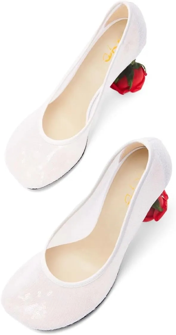 XYD Women's Romantic Rose Heel (100mm) Square Round Toe Slip On Pumps Bridal Formal Event Evening Dress Shoes