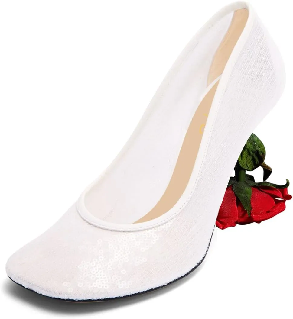 XYD Women's Romantic Rose Heel (100mm) Square Round Toe Slip On Pumps Bridal Formal Event Evening Dress Shoes