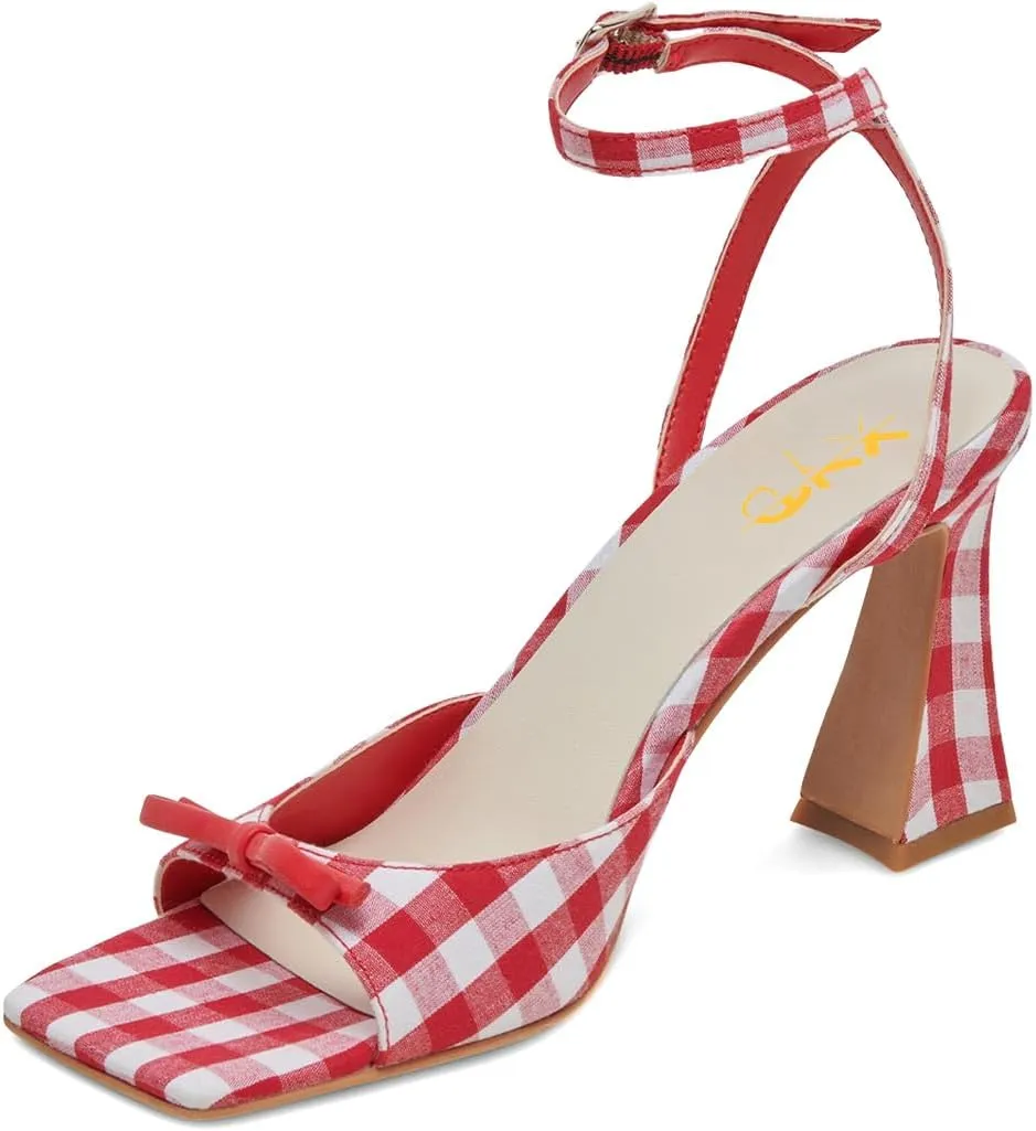 XYD Women's Sweet Plaid Ankle Strap Sandals Flared Mid Heels Square Open Toe Bowknot Countryside Style Dress Shoes