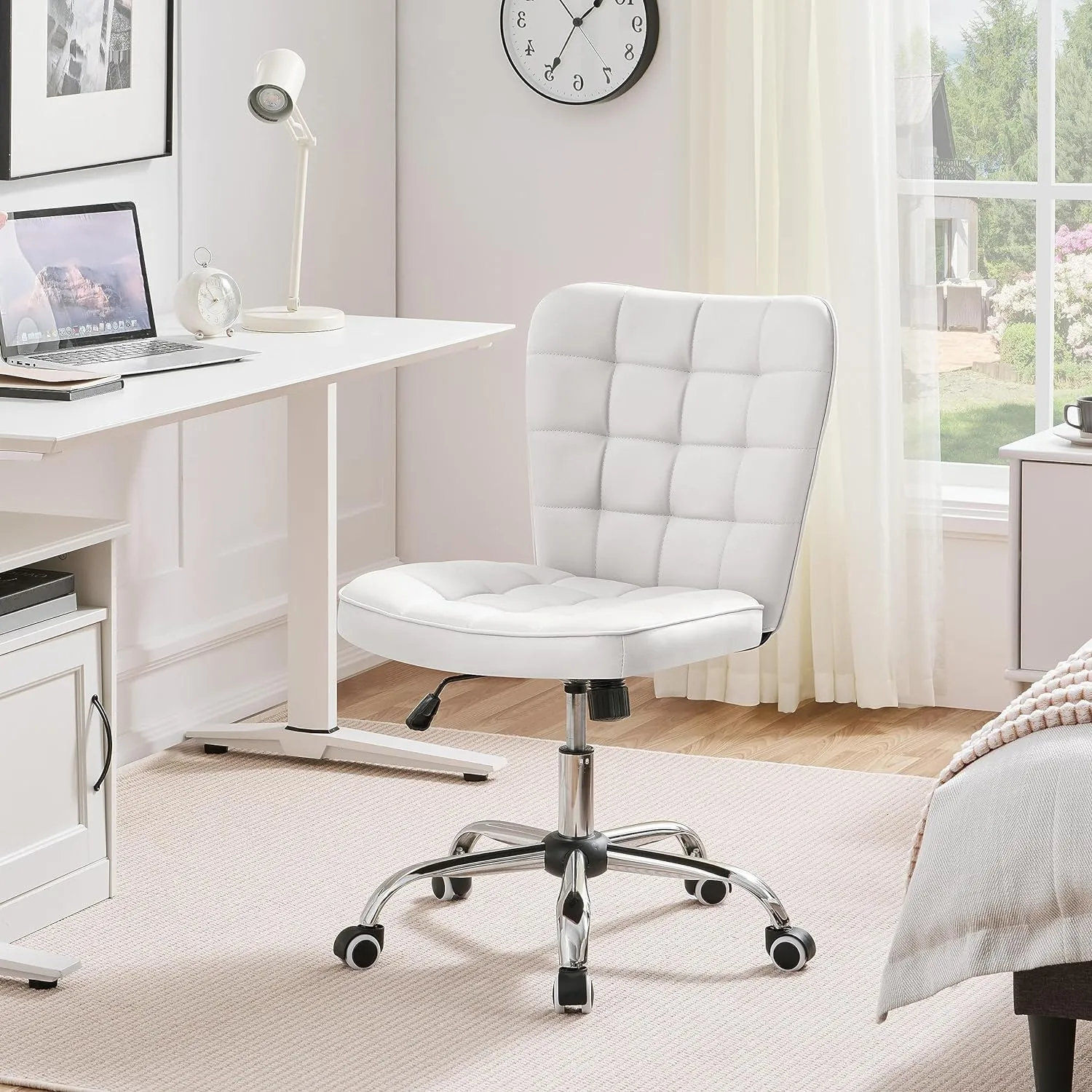 Yaheetech Armless Desk Chair Modern Tufted Office Chair Faux Leather Upholstered Computer Chair with Adjustable Seat Height and Rolling Wheels for Home/Office, White