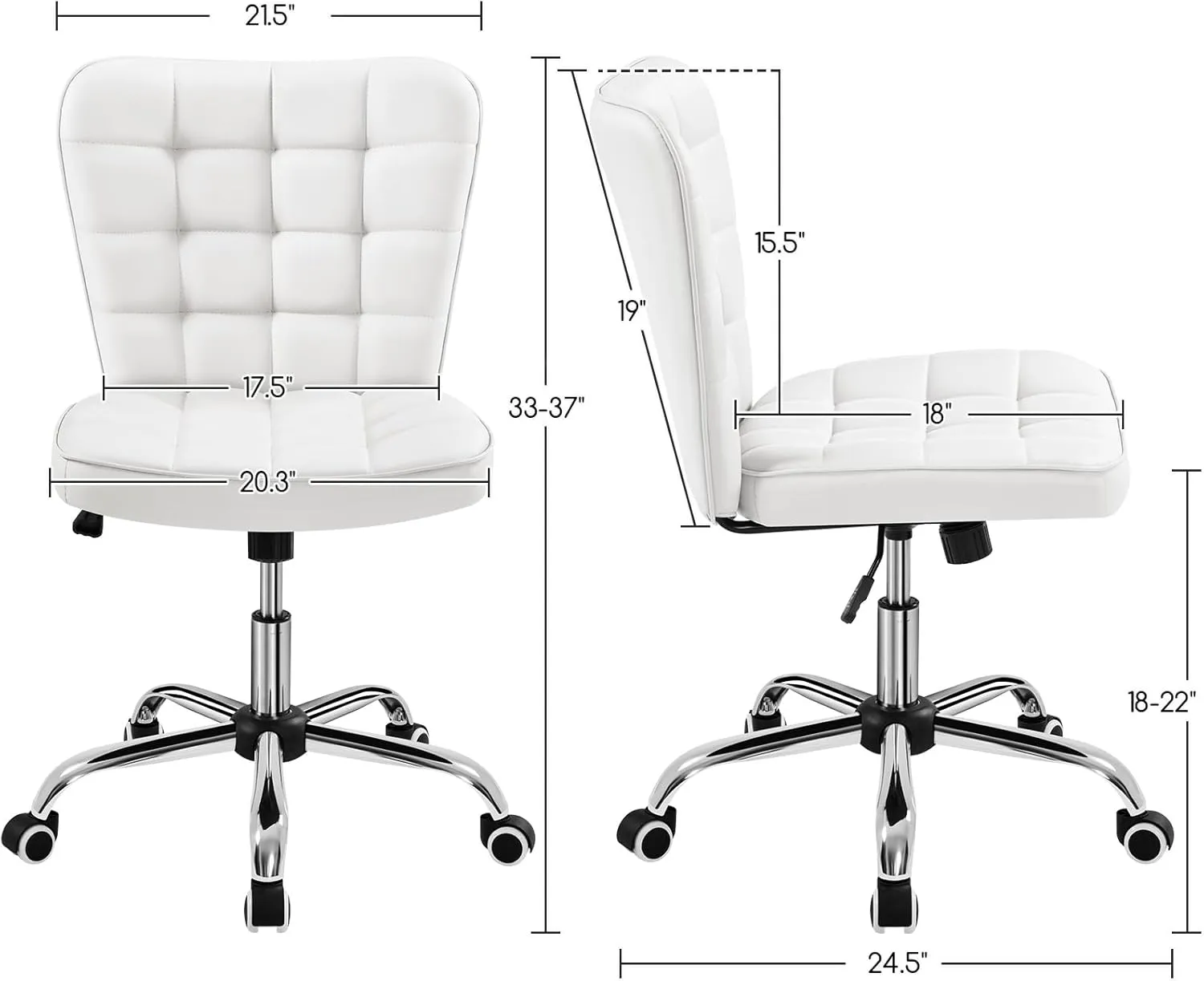 Yaheetech Armless Desk Chair Modern Tufted Office Chair Faux Leather Upholstered Computer Chair with Adjustable Seat Height and Rolling Wheels for Home/Office, White