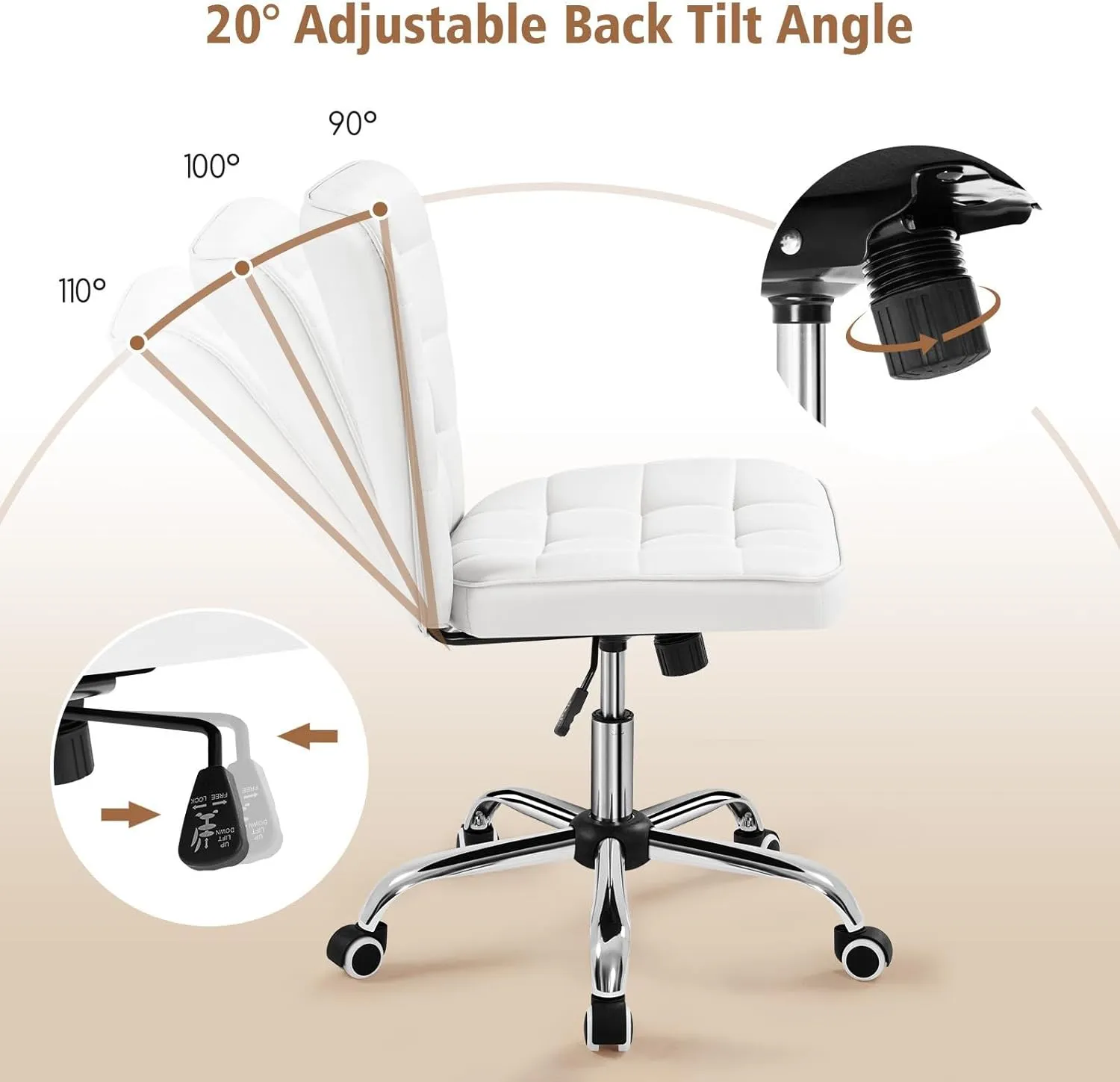 Yaheetech Armless Desk Chair Modern Tufted Office Chair Faux Leather Upholstered Computer Chair with Adjustable Seat Height and Rolling Wheels for Home/Office, White