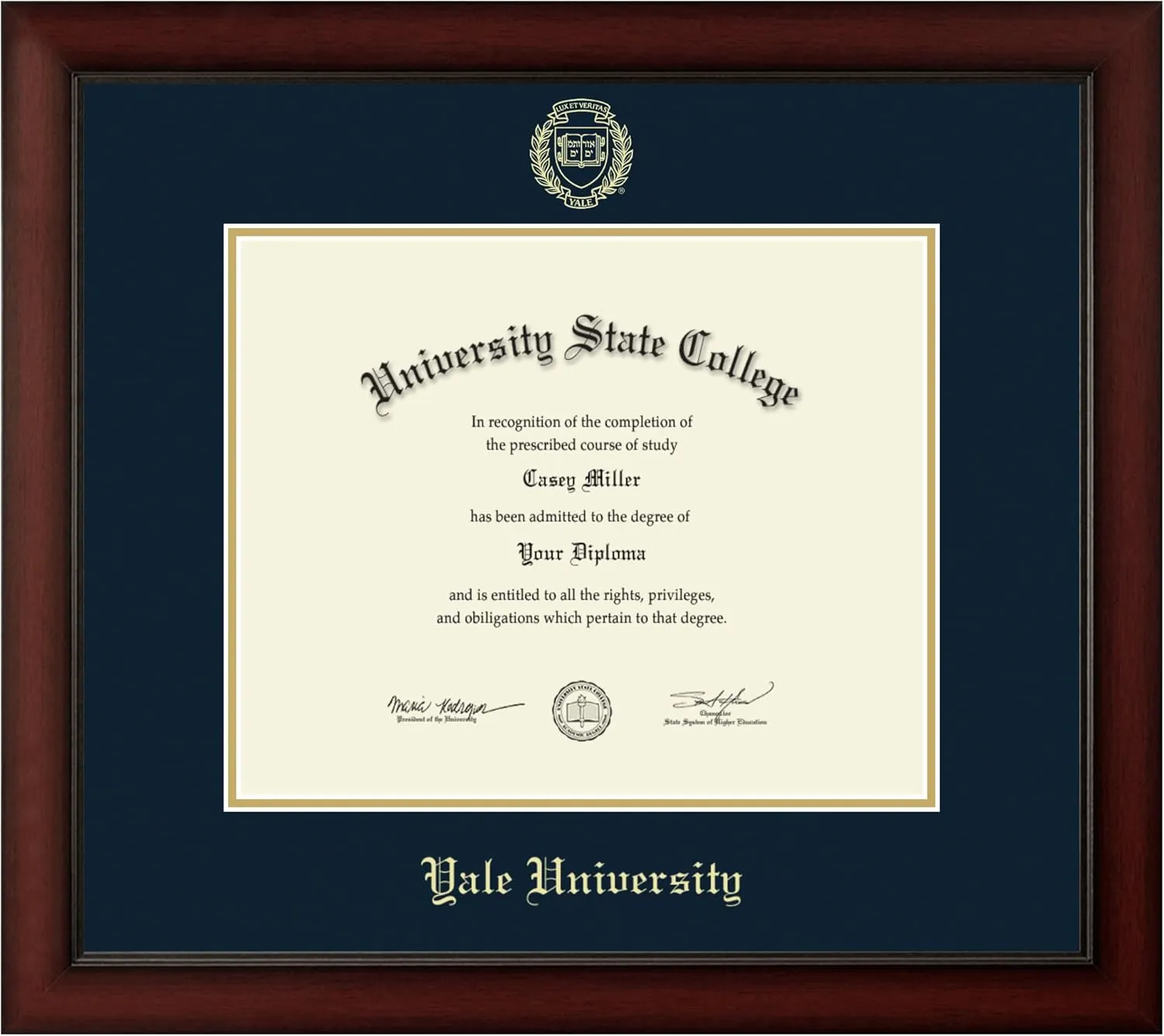 Yale University 12.625" w x 10.313" h Diploma Frame - Fits a bachelor's, master's and phd - Gold Embossed Diploma Frame - Cherry Moulding with Navy and Gold Matting - Officially Licensed