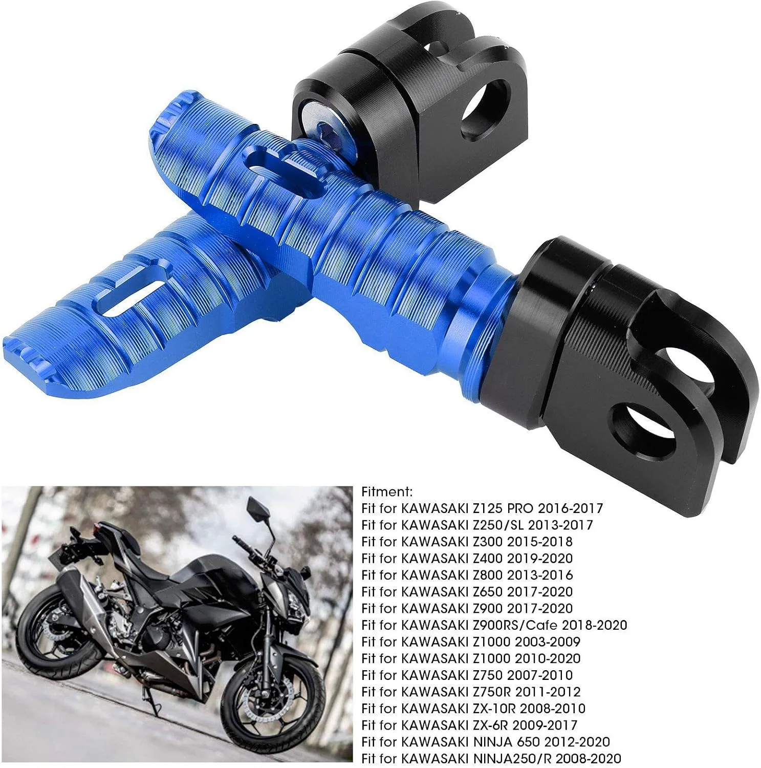 Yctze Pair of Front Foot Pegs Aluminum Alloy Pedals Fit for Ninja Z125 PRO Z250/SL Z400 Z900 (blue)