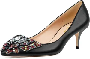 YDN Women's Fashion Low Kitten Heel Slip On Pumps Pointed Toe Butterfly Rhinestones Shoes Wedding Dress Event Size 4-16 US