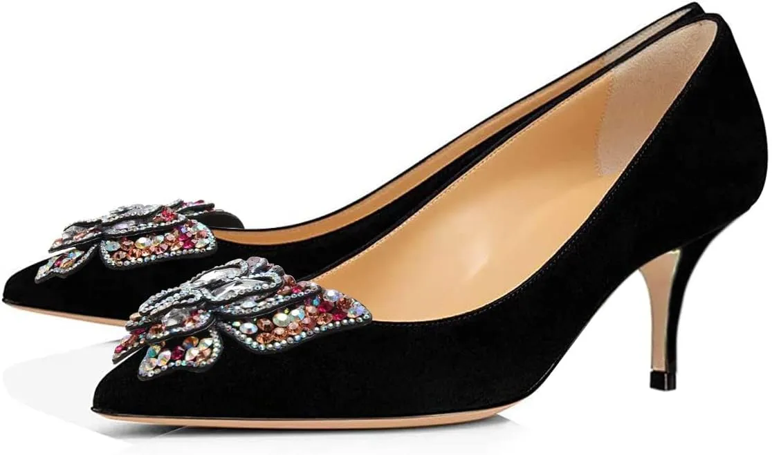 YDN Women's Fashion Low Kitten Heel Slip On Pumps Pointed Toe Butterfly Rhinestones Shoes Wedding Dress Event Size 4-16 US