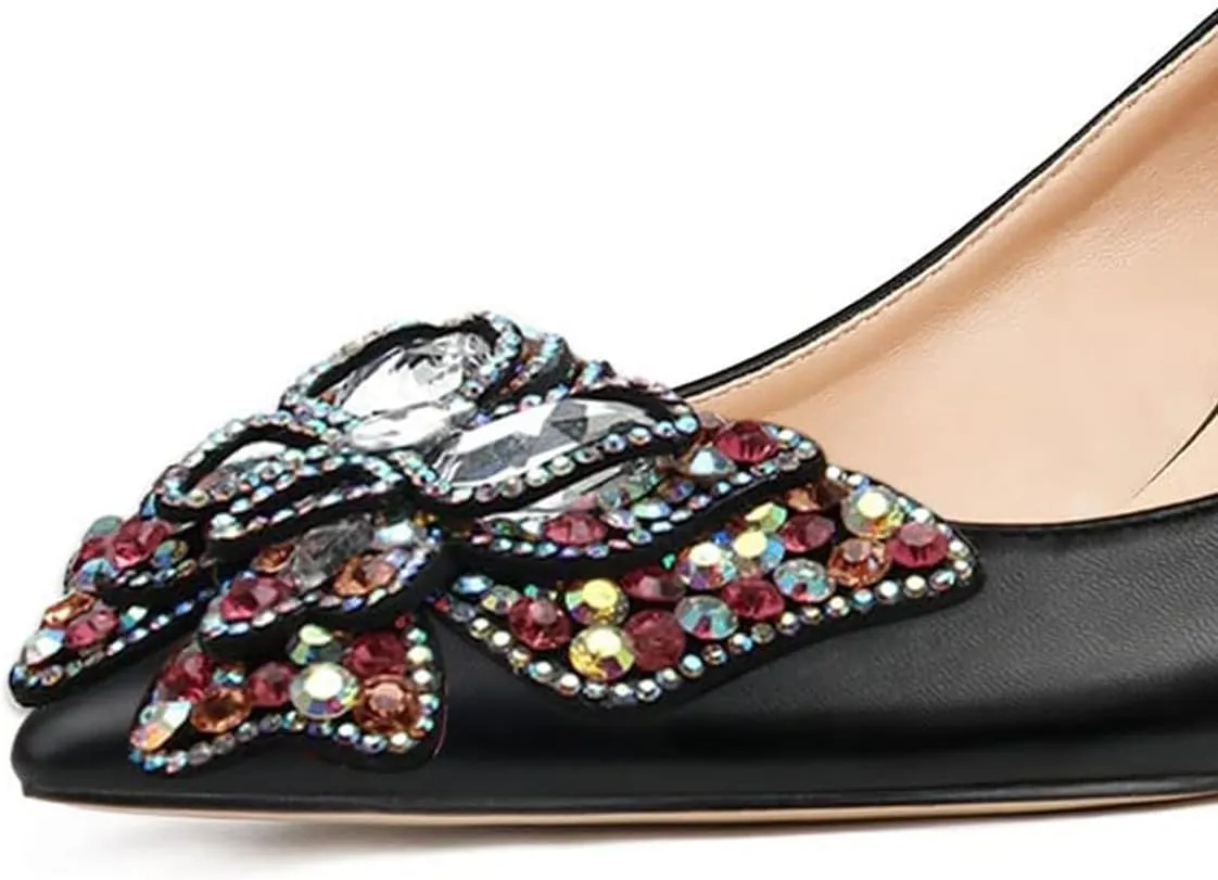 YDN Women's Fashion Low Kitten Heel Slip On Pumps Pointed Toe Butterfly Rhinestones Shoes Wedding Dress Event Size 4-16 US