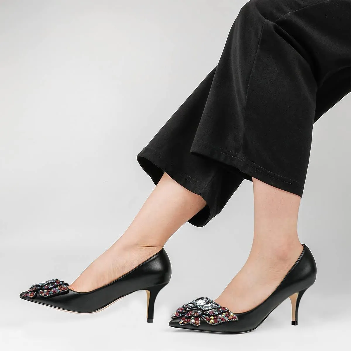 YDN Women's Fashion Low Kitten Heel Slip On Pumps Pointed Toe Butterfly Rhinestones Shoes Wedding Dress Event Size 4-16 US