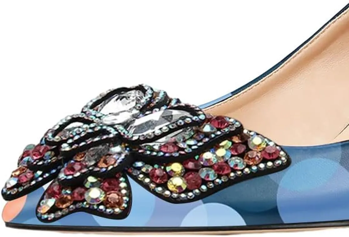 YDN Women's Fashion Low Kitten Heel Slip On Pumps Pointed Toe Butterfly Rhinestones Shoes Wedding Dress Event Size 4-16 US