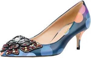 YDN Women's Fashion Low Kitten Heel Slip On Pumps Pointed Toe Butterfly Rhinestones Shoes Wedding Dress Event Size 4-16 US