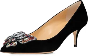 YDN Women's Fashion Low Kitten Heel Slip On Pumps Pointed Toe Butterfly Rhinestones Shoes Wedding Dress Event Size 4-16 US