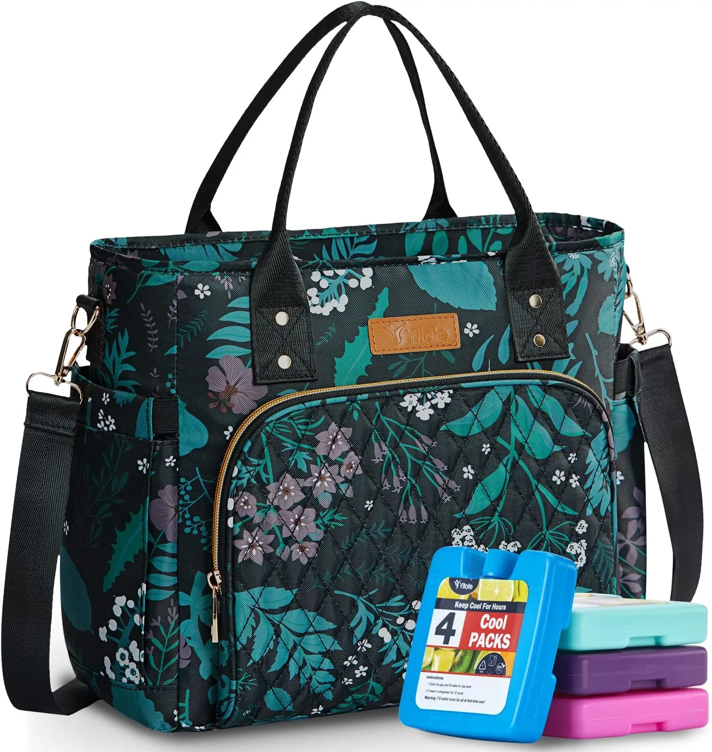 Yitote Lunch Box for Women 18L Capacity, Cute Lunch Bag with Bottle Holder, Lunch Bags with Adjustable Shoulder Strap, Lunch Bags for Work .(Floral)