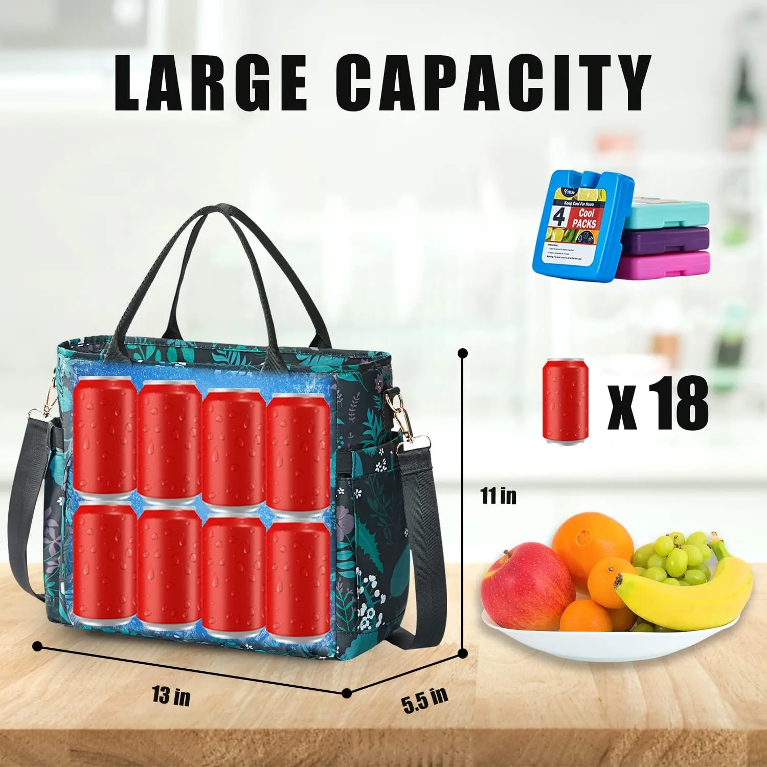 Yitote Lunch Box for Women 18L Capacity, Cute Lunch Bag with Bottle Holder, Lunch Bags with Adjustable Shoulder Strap, Lunch Bags for Work .(Floral)