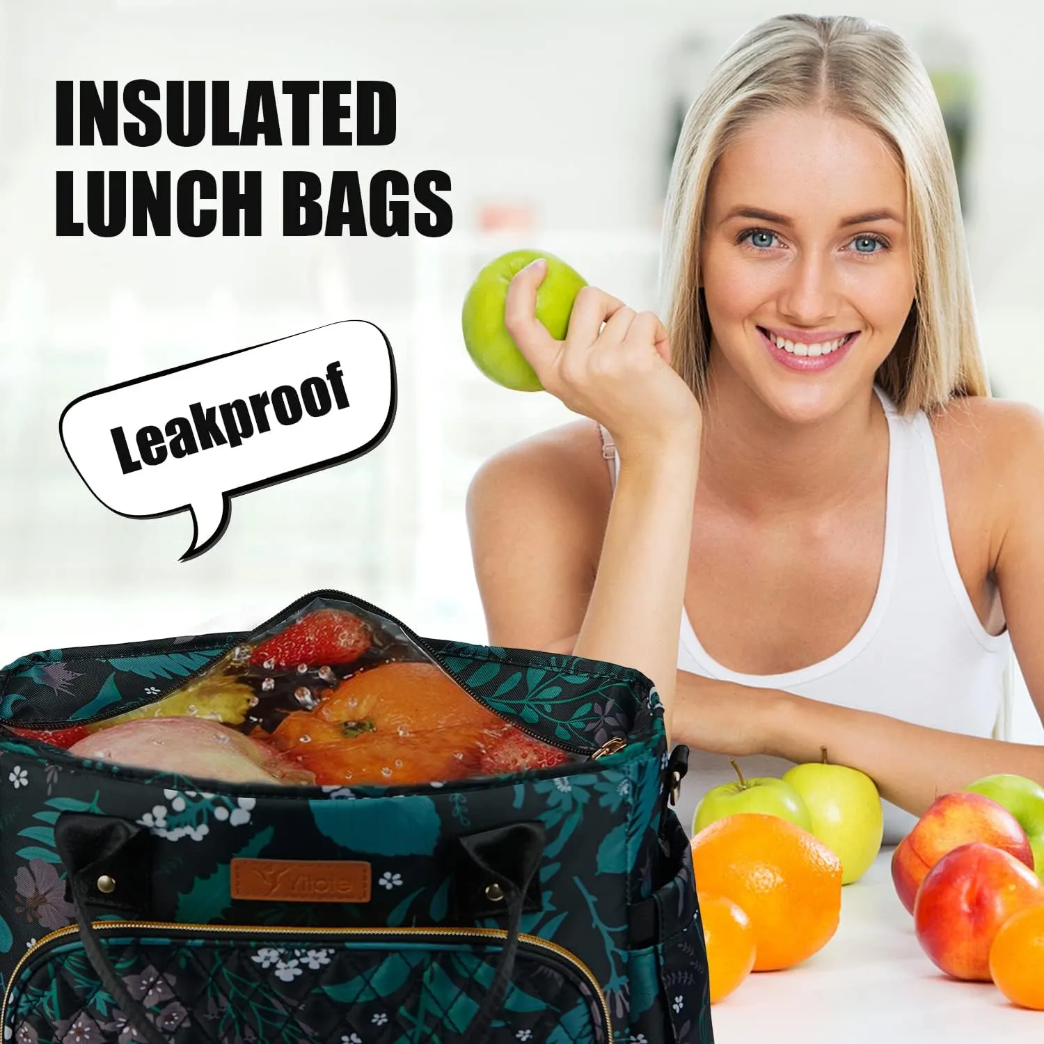 Yitote Lunch Box for Women 18L Capacity, Cute Lunch Bag with Bottle Holder, Lunch Bags with Adjustable Shoulder Strap, Lunch Bags for Work .(Floral)