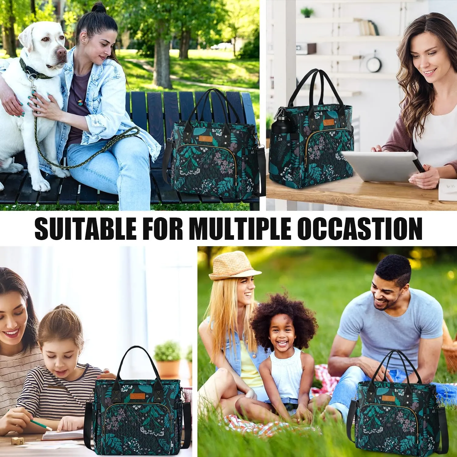 Yitote Lunch Box for Women 18L Capacity, Cute Lunch Bag with Bottle Holder, Lunch Bags with Adjustable Shoulder Strap, Lunch Bags for Work .(Floral)