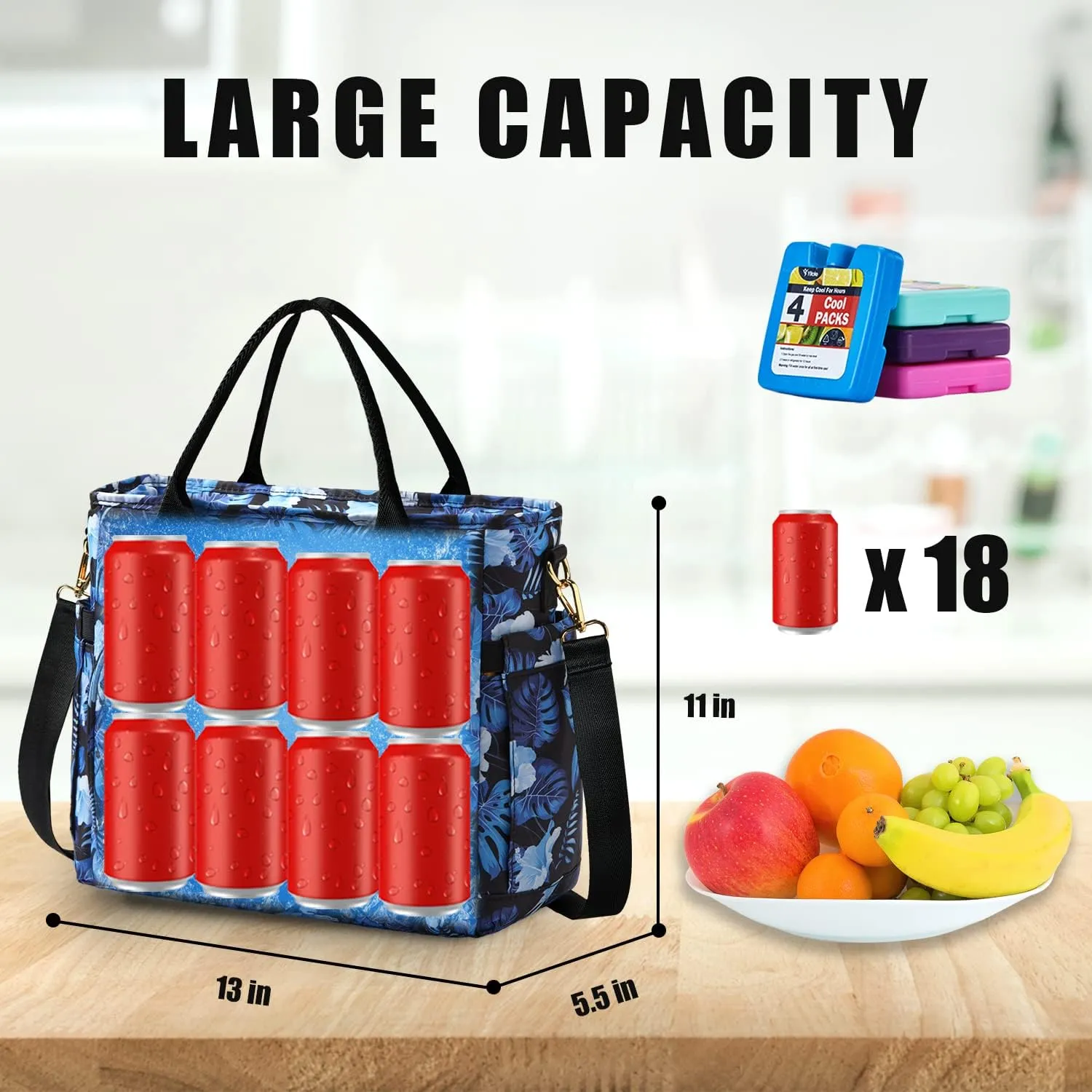 Yitote Lunch Box for Women with 4 Icepacks, 18L Capacity, Cute Lunch Bag with Bottle Holder, Lunch Bags with Adjustable Shoulder Strap, Lunch Bags for Work .(Palm)
