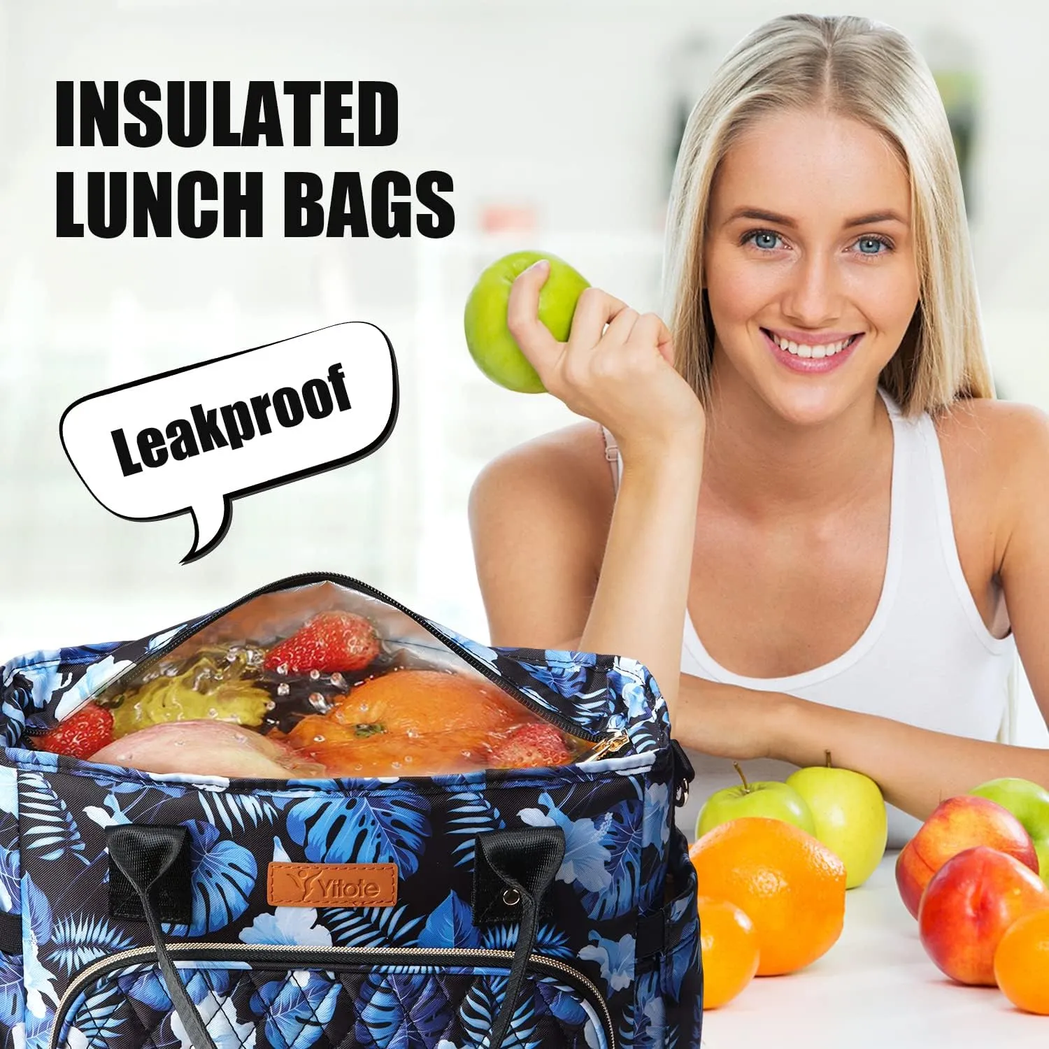 Yitote Lunch Box for Women with 4 Icepacks, 18L Capacity, Cute Lunch Bag with Bottle Holder, Lunch Bags with Adjustable Shoulder Strap, Lunch Bags for Work .(Palm)