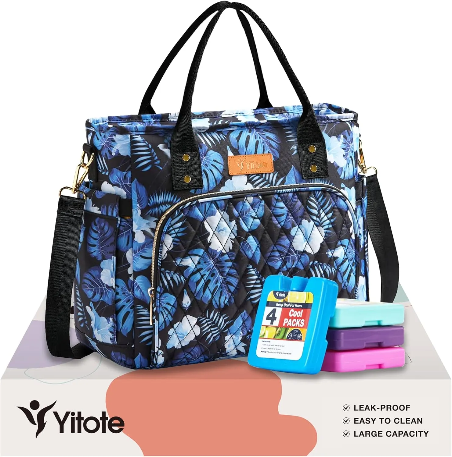 Yitote Lunch Box for Women with 4 Icepacks, 18L Capacity, Cute Lunch Bag with Bottle Holder, Lunch Bags with Adjustable Shoulder Strap, Lunch Bags for Work .(Palm)