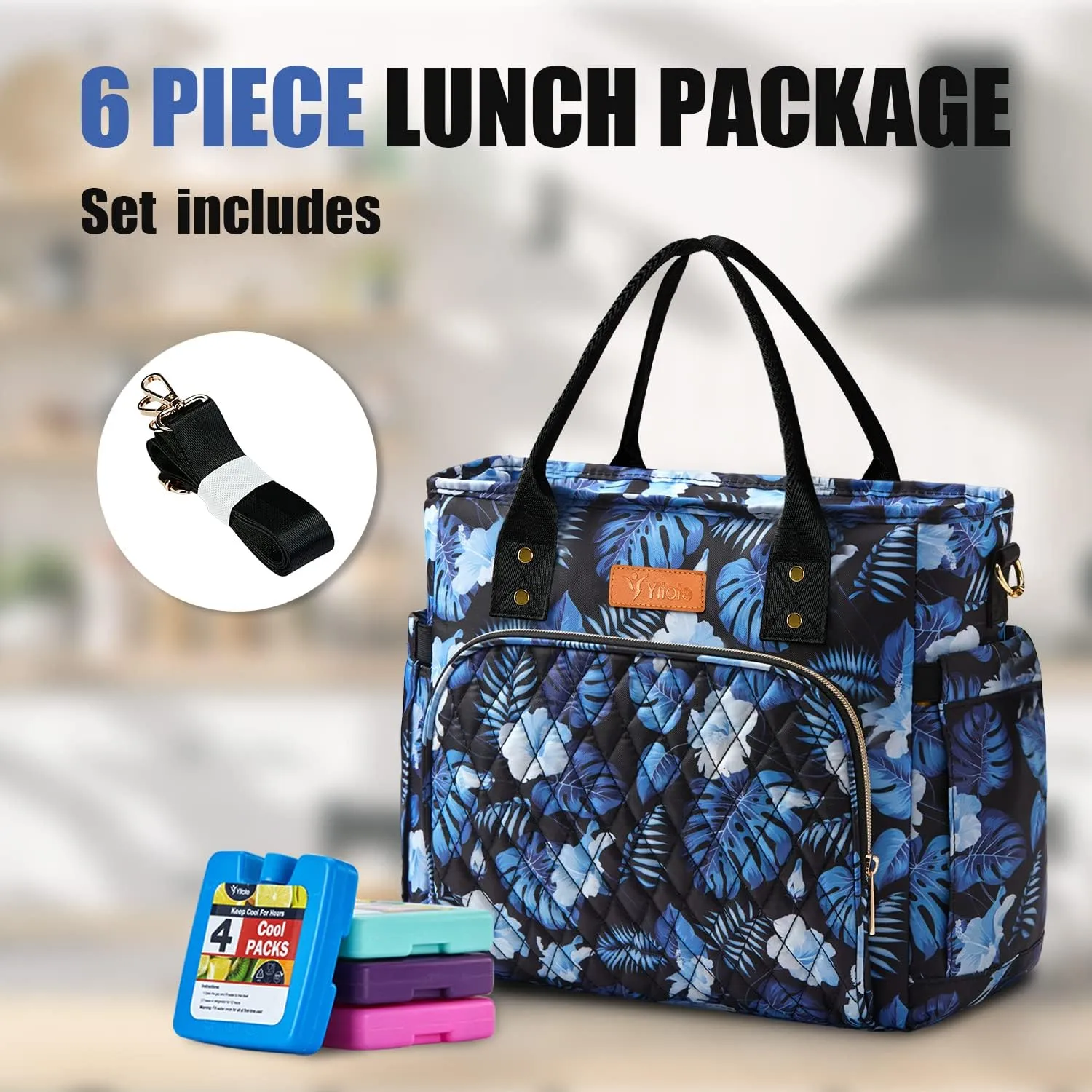 Yitote Lunch Box for Women with 4 Icepacks, 18L Capacity, Cute Lunch Bag with Bottle Holder, Lunch Bags with Adjustable Shoulder Strap, Lunch Bags for Work .(Palm)